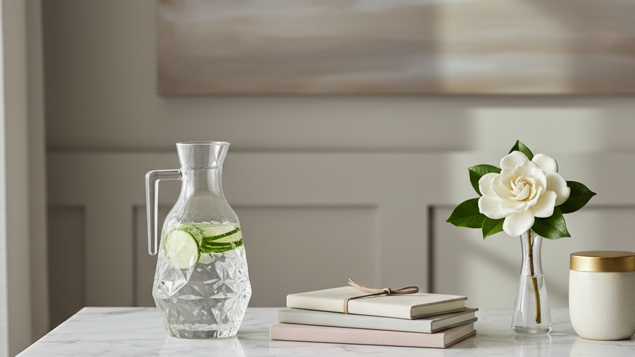 An impeccably styled marble-topped console table arranged as a luxurious daily ritual station. A crystal carafe of infused water, a small stack of linen-bound notebooks, a gold-capped candle, and a single creamy gardenia in a slender glass bud vase sit in harmonious balance. In the background, a soft-focus hint of pale neutral wall paneling and an oversized abstract artwork in muted taupes and dove gray. Late morning natural light filters through unseen sheer curtains, casting gentle, elongated shadows and subtle reflections on the marble. Photographic realism, shot at eye level with a shallow depth of field, creating a calm, sophisticated atmosphere that feels curated yet effortlessly livable.