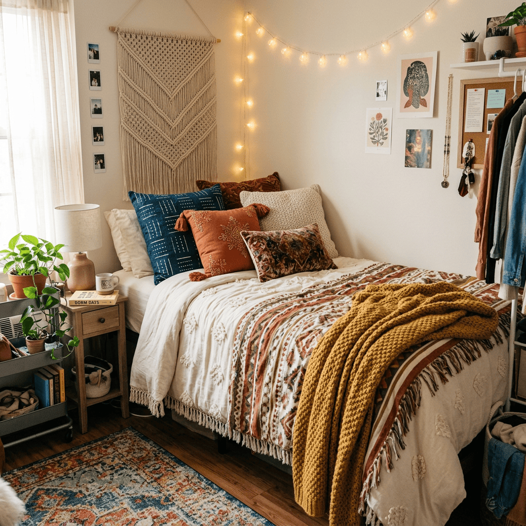 Cozy bohemian bedroom corner with patterned bedding, colorful pillows, string lights, and plants