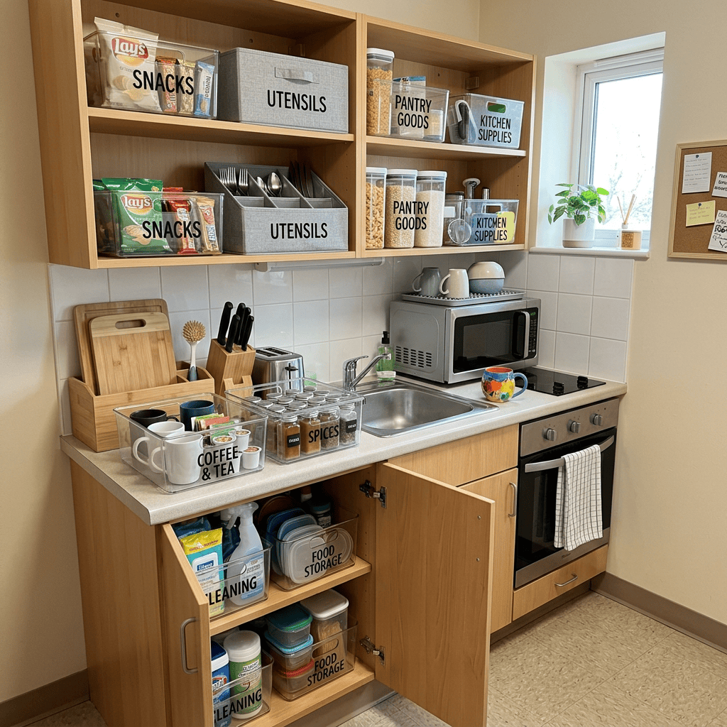 Kitchen shelves and countertop with labeled bins for snacks, utensils, pantry goods, kitchen supplies, coffee and tea, spices, cleaning, and food storage.