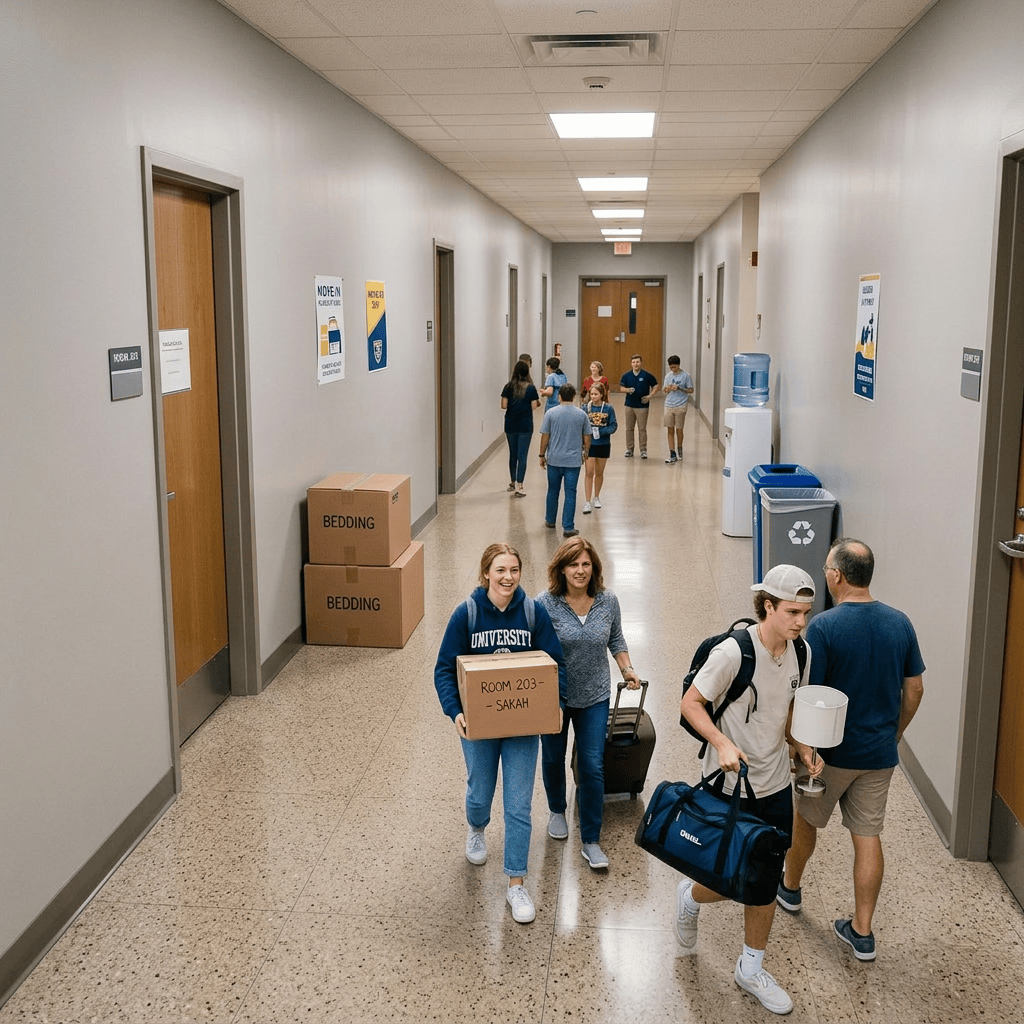 Students carrying boxes and suitcases moving into North Hall dorm on move-in day