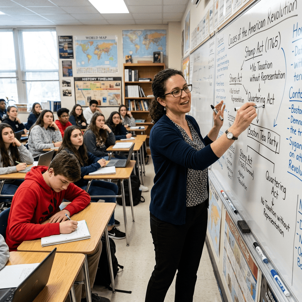 Teacher writing causes of the American Revolution on whiteboard with students listening