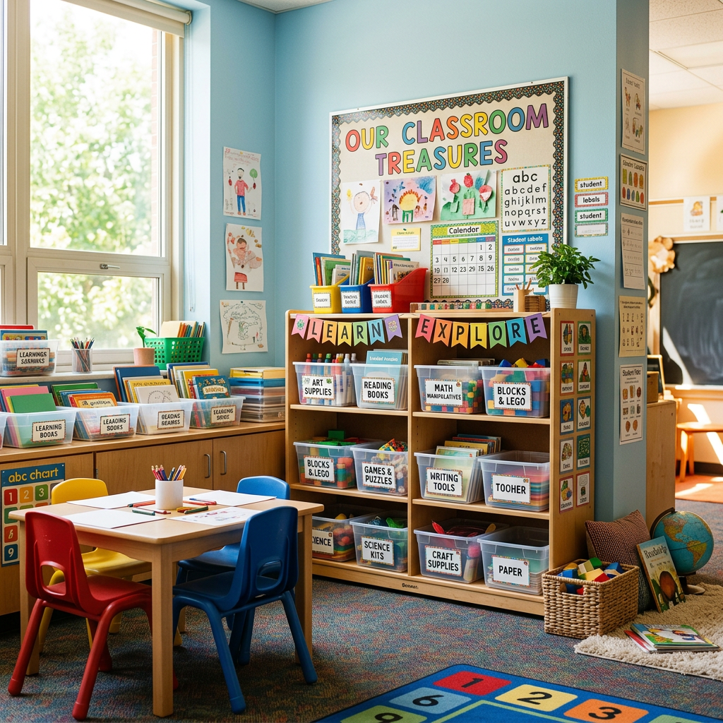 Classroom corner with labeled bins for art supplies, books, blocks, puzzles, and educational tools